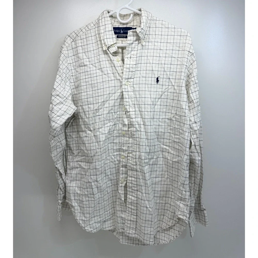 Polo Ralph Lauren Shirt Mens Medium White Plaid Classic Fit Button Down Pony